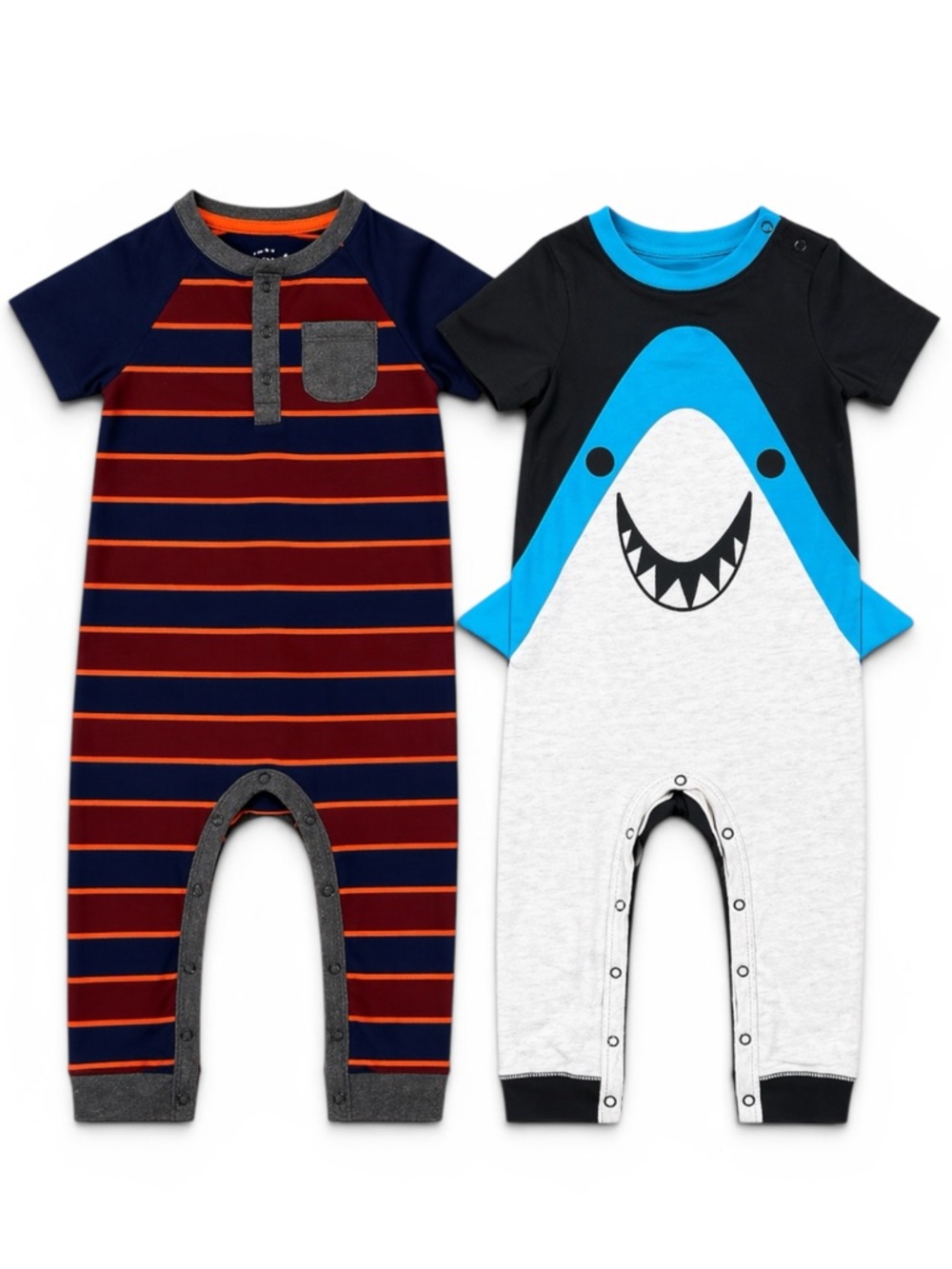 Cat & Jack 18M Boy Short-Sleeve Romper Set Shark & Striped One Piece Bundle